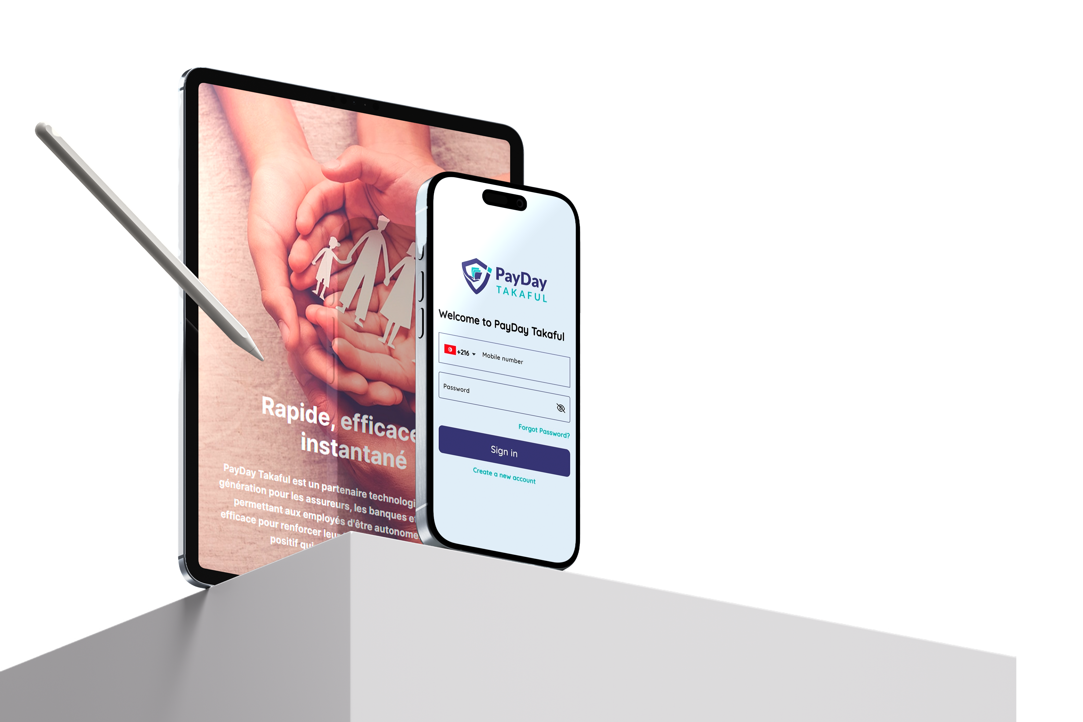 PayDay Takaful mobile app — sign in and workforce features on tablet and phone